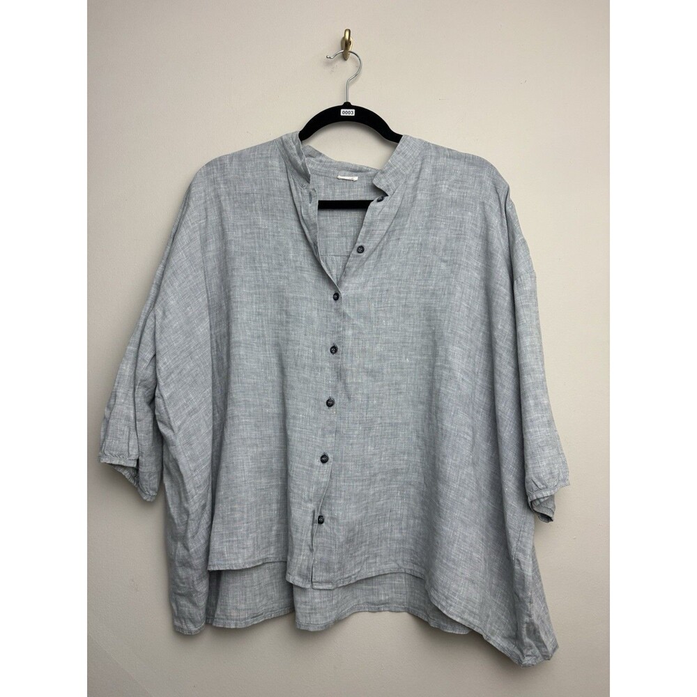 Apuntob Womens 100% Linen Blouse Shirt Top Size Small Gray Elbow Sleeve Button